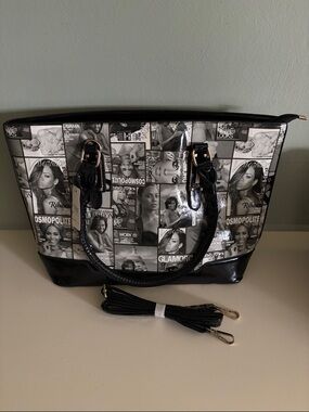 Black & White Glossy Magazine Collage Patent Tote, Features Michelle Obama…
